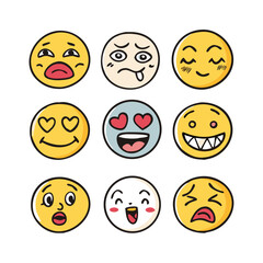 Hand drawn emoji faces with various expressions yellow