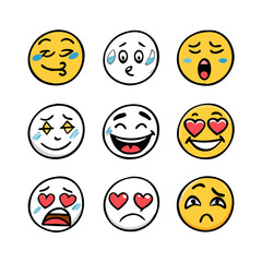 Hand drawn emoji faces with various expressions yellow