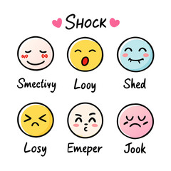 Six colorful doodle emoticons with text emoji illustration