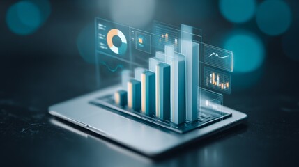 A laptop screen shows a graph with a blue background