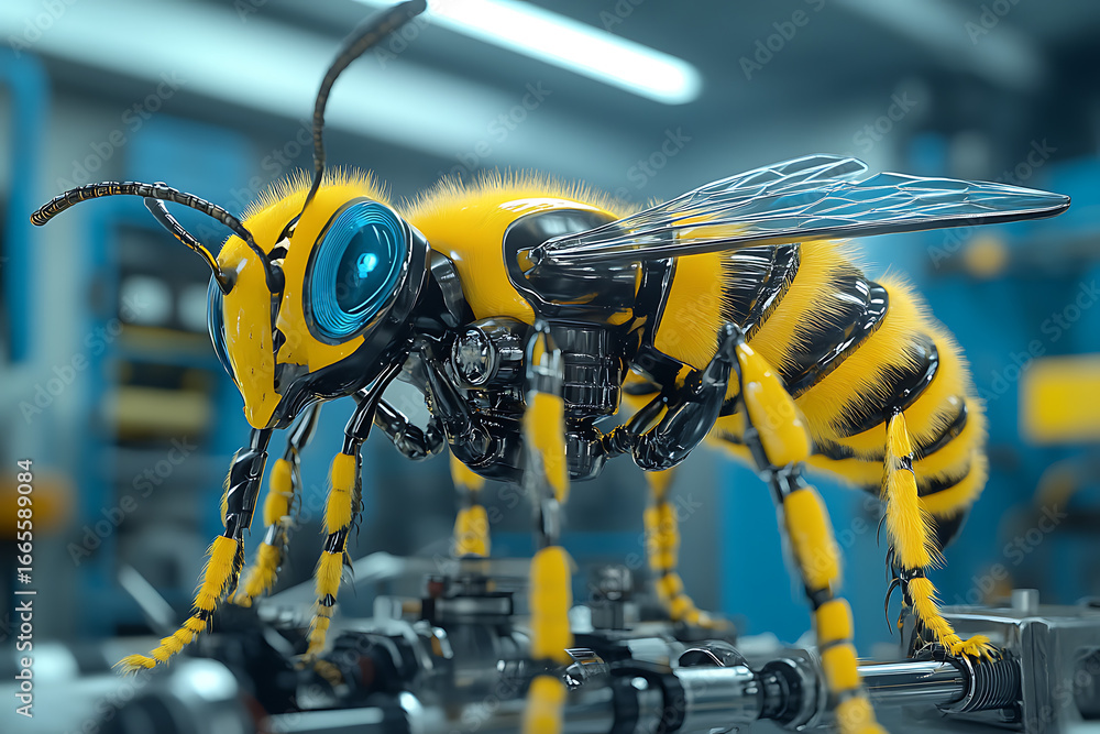Fototapete a futuristic rendering of a mechanical bee inspecting a high tech pipeline system a blend of organic