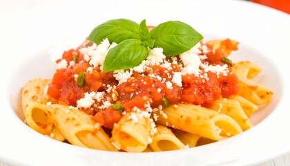 A close-up view of penne pasta drenched in a vibrant tomato sauce, topped with crumbled feta cheese and fresh basil leaves.