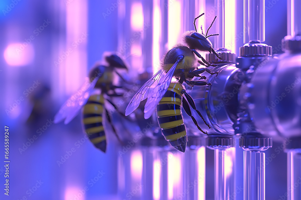 Poster a futuristic sci fi interpretation of a refinery where bees and nanobots coexist to maintain the int