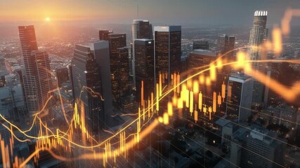 Golden hour over Los Angeles financial district with animated stock market overlay - Powered by Adobe