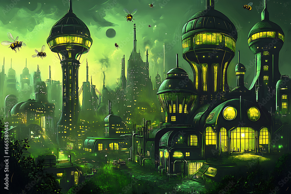 Poster a sci fi interpretation of a refinery where bees and nanobots coexist to maintain the integrity of p