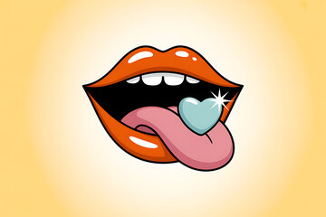 Obraz premium Cartoon mouth with glossy red lips is sticking out its tongue, which has sparkling heart