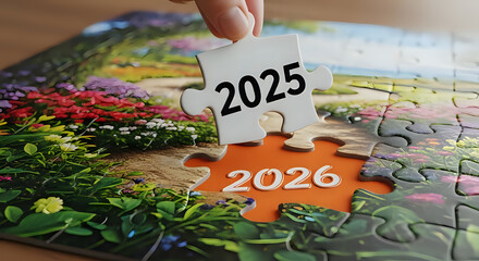 Naklejka premium Complete the Beautiful Journey Puzzle Piece by Piece to Create a New Vision for 2025 and Emerge into 2026 and Beyond by Planning a Beautiful Future