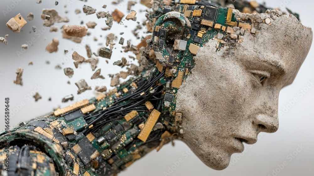 Poster stone face disintegrating into electronic components suggesting artificial intelligence or technolog