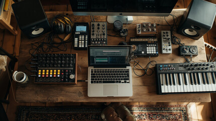 Home Studio Setup with Audio Equipment and Laptop