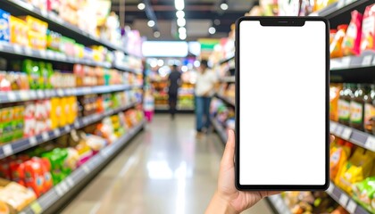 A tablet computer held in hand displays a blank screen against a blurred background of a grocery store aisle, showcasing colorful products on shelves.