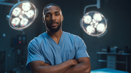 Confident surgeon posing with crossed arms in operating room