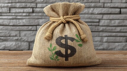 Rough burlap sack overflowing with US dollar bills and stacked coins on dark reflective surface - seamless pattern design