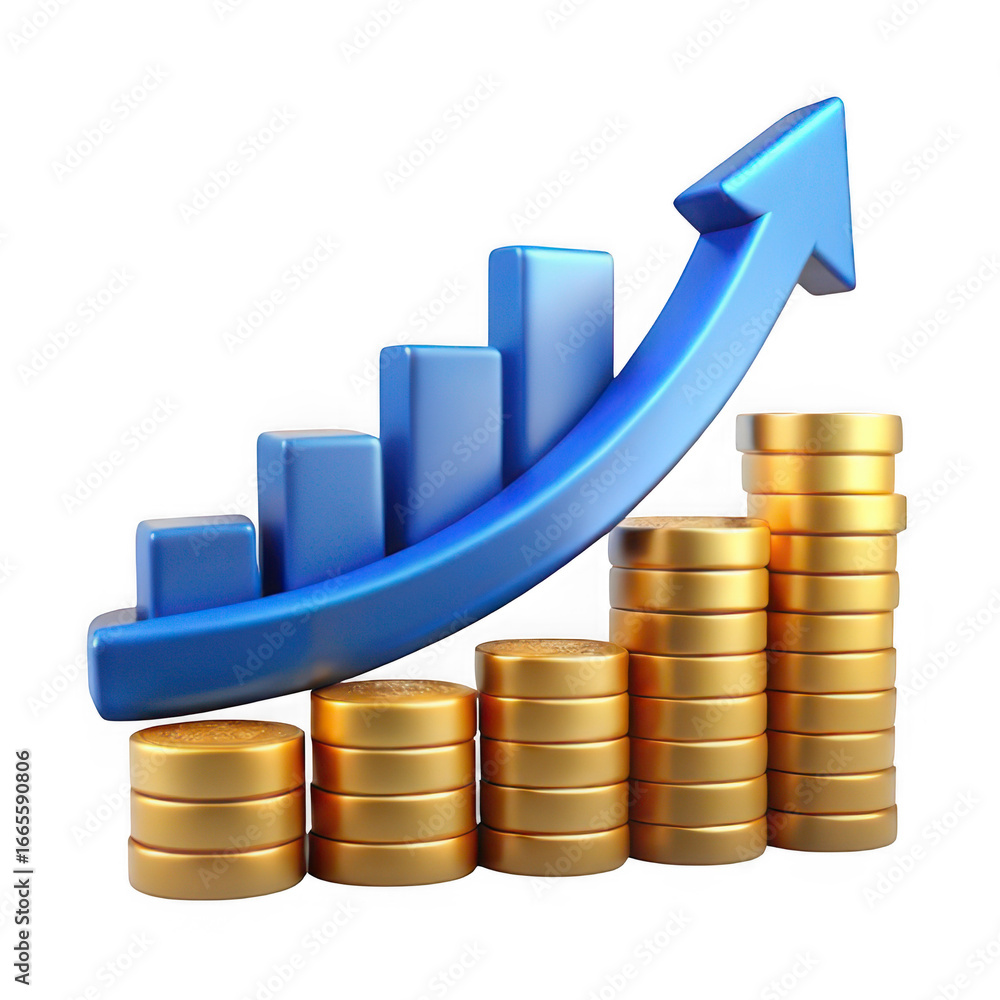 Poster 3d growing investment chart with golden coin stacks realistic render transparent background