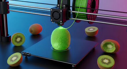 3D printer creating a vibrant green kiwi fruit sculpture with modern technology and futuristic design, showcasing innovation in food production and culinary arts