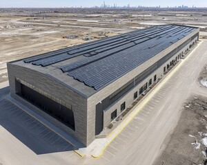 Industrial factory with extensive ground-level solar array for on-site power - production power farm exterior