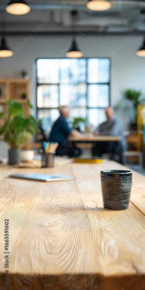 Aufkleber empty desk in focus with coworkers discussing in blurred background