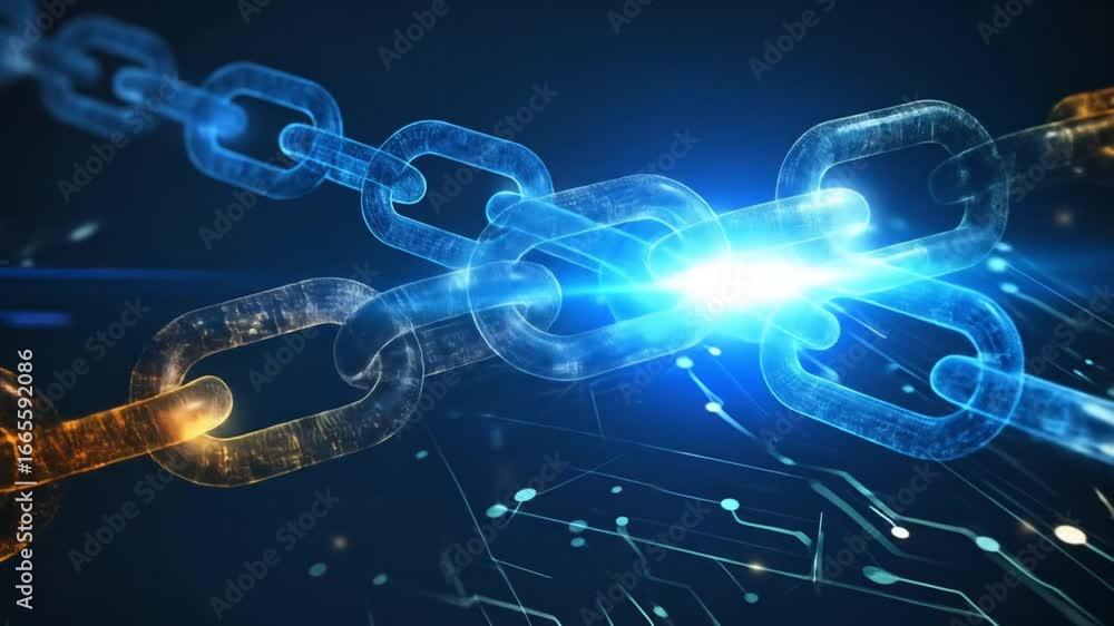 Poster Blockchain Technology Visualization: Digital Chain Links with Glowing Circuitry and Bright Light