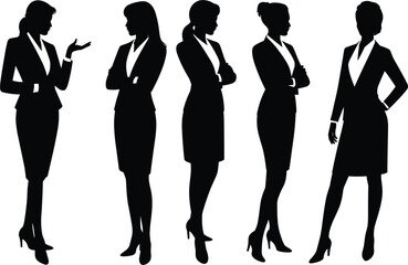 Silhouettes of confident business women, professional females in formal attire, standing posture, leadership concept, teamwork, corporate style, vector illustration
