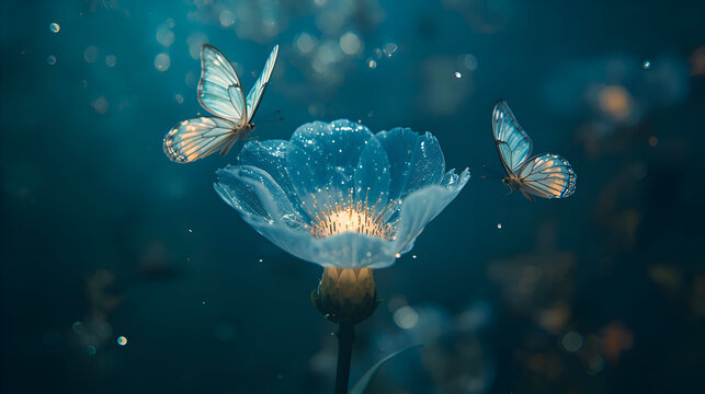 Glowing butterflies illuminate bright energy beneath, mystical flower begins to awaken soul with its vibrant light