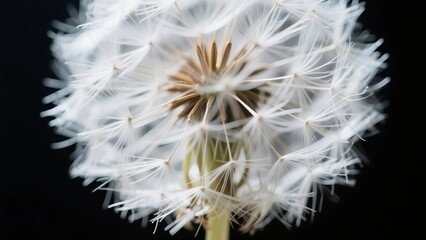 Intricate Close-Up of Dandelion Seed Head with Delicate White Seeds Against Deep Black Background