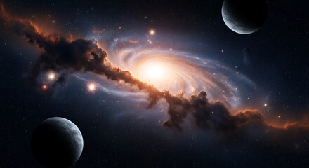 Spiral Galaxy and Planets in Deep Space.