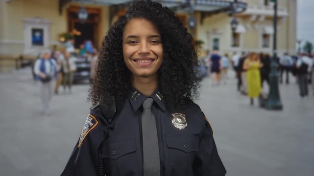 Hispanic policewoman in uniform stands confidently outdoors on a busy street, blending professionalism with urban chaos.