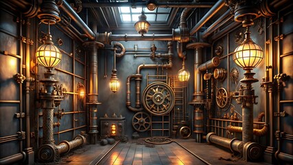 Obraz premium Intricate Steampunk Machine Room with Pipes Gears and Glowing Ornate Lamps