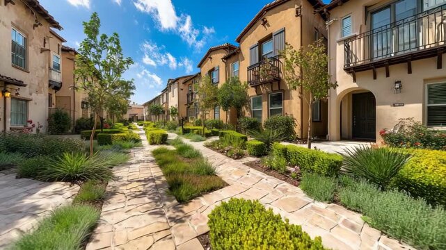 Townhomes with stone path & sculpted landscaping under blue sky