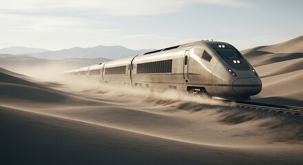 High-Speed Train in Desert Landscape.