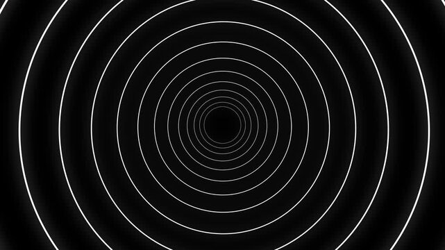 A hypnotic, abstract tunnel of concentric white circles receding into a dark, infinite void, creating a sense of depth and motion.
