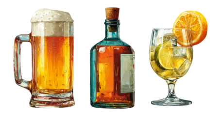 Alcoholic drinks set with beer, whiskey, and refreshing cocktail