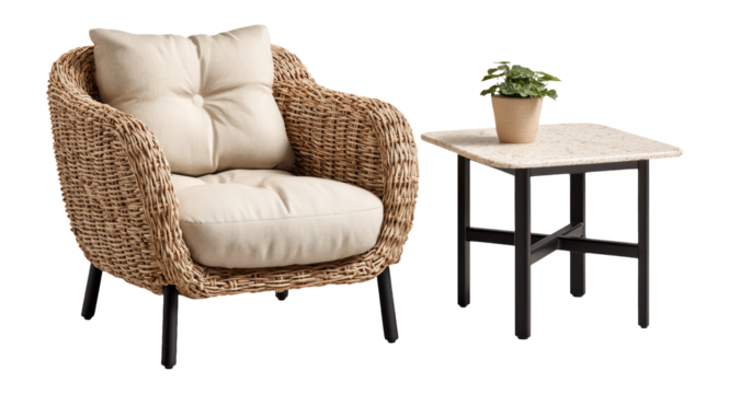 Cozy Rattan Chair with Cushions and Stylish Side Table on Transparent Background