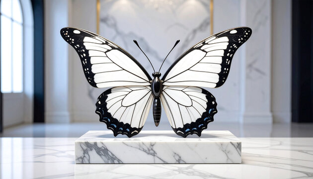 Black and white marble butterfly statue with a luxurious base. Symbol of balance, transformation, and contrast. Perfect for interior decor, abstract art, and surreal fantasy design.
