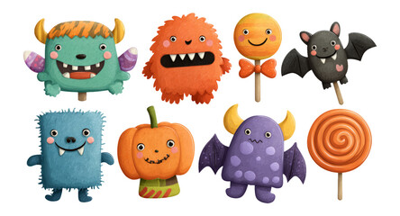 Colorful Halloween Monsters and Treats Clipart on Transparent Background