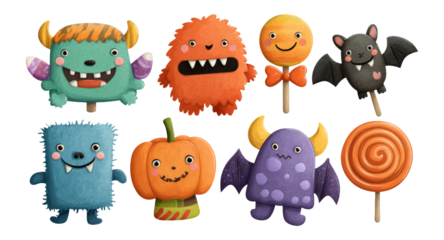 Colorful Halloween Monsters and Treats Clipart on Transparent Background
