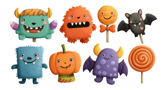 Colorful Halloween Monsters and Treats Clipart on Transparent Background