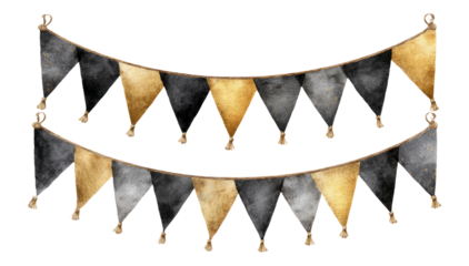 Elegant Black and Gold Pennant Banners on Transparent Background
