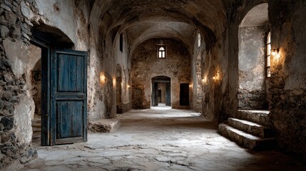 Long dark hallway in abandoned stone building