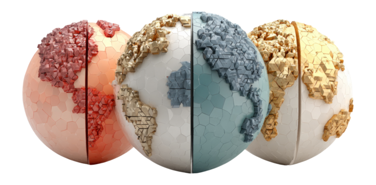 Three Unique Puzzle Globe Models on Transparent Background - Powered by Adobe