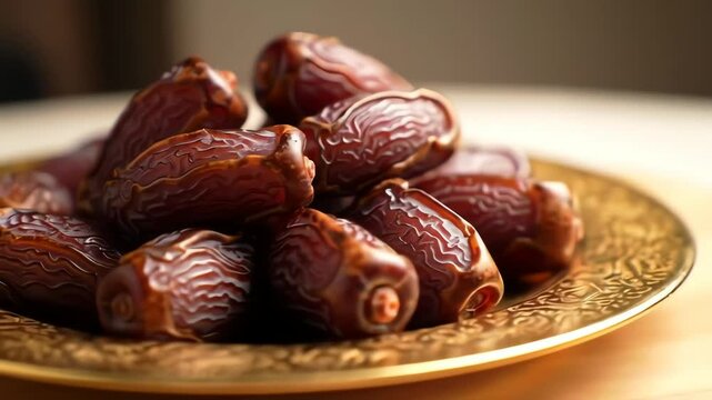 Close-up shot of a pile of ripe Medjool dates on an ornate gold plate; 4k video footage perfect for Ramadan celebrations, showcasing rich brown tones against a warm,