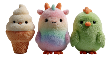 Cute and Colorful Plush Toys on Transparent Background