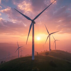 Wind Turbines with Sunlight on Mountain Hills