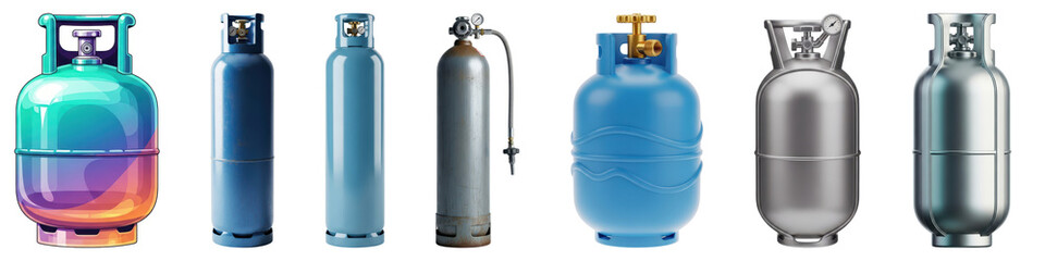 Collection of various gas cylinders and propane tanks isolated on transparent background
