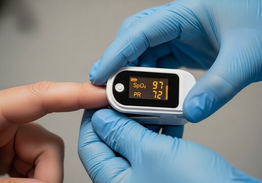 Nurse performing pulse oximetry on a patient's finger, showcasing modern health screening, vital signs monitoring, and diagnostic technology