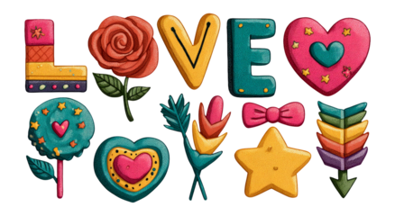 Colorful Love Theme Clipart Collection with Floral Elements and Icons