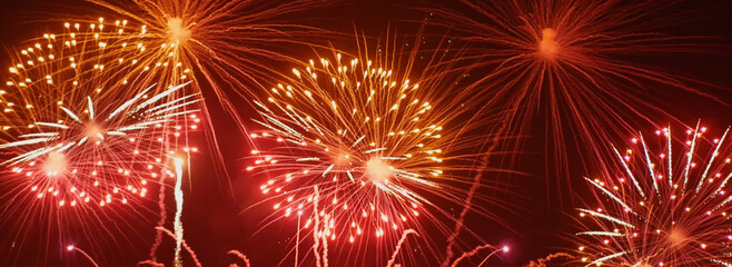 Banner red firework night time celebrate national holiday. Countdown new year 2025 festival with copy space. Banner Red Firework celebrate anniversary happy new year 2026 4th of july holiday festival