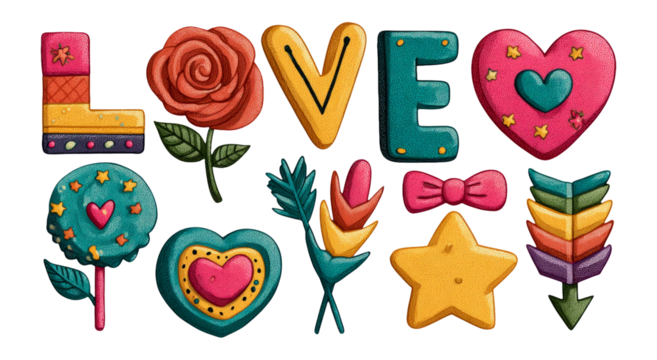 Colorful Love Theme Clipart Collection with Floral Elements and Icons