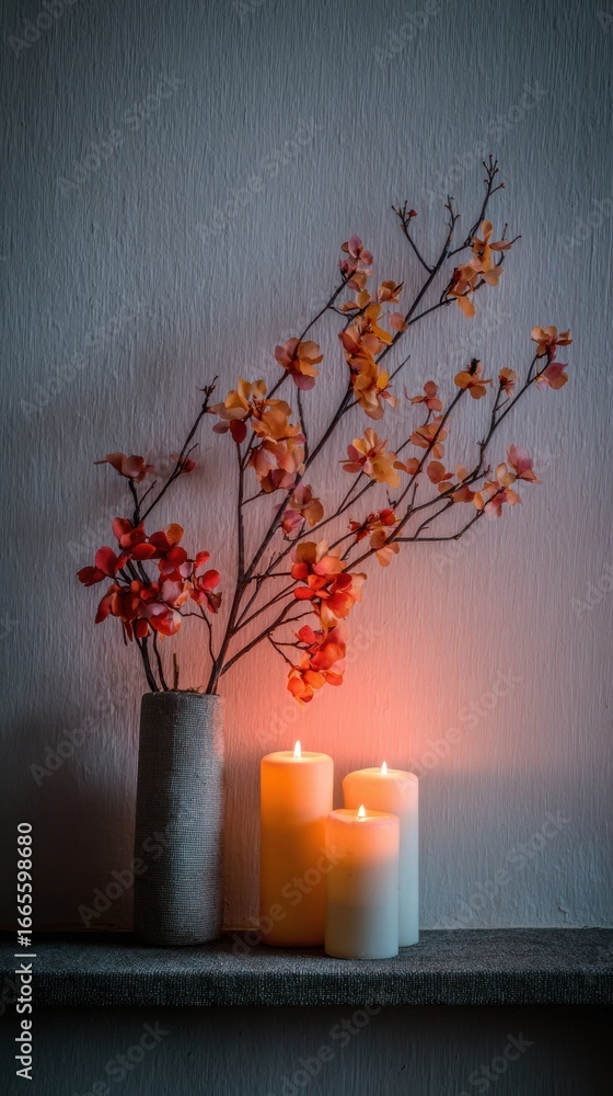 Aufkleber decorative arrangement of autumn branches and glowing candles on a simple shelf in a cozy indoor set