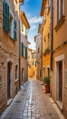 Fototapeta premium Narrow cobblestone street in old town Piran lined with historic buildings and narrow stone walls