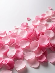 Fototapeta premium Fresh pink rose petals scattered on a crisp white background